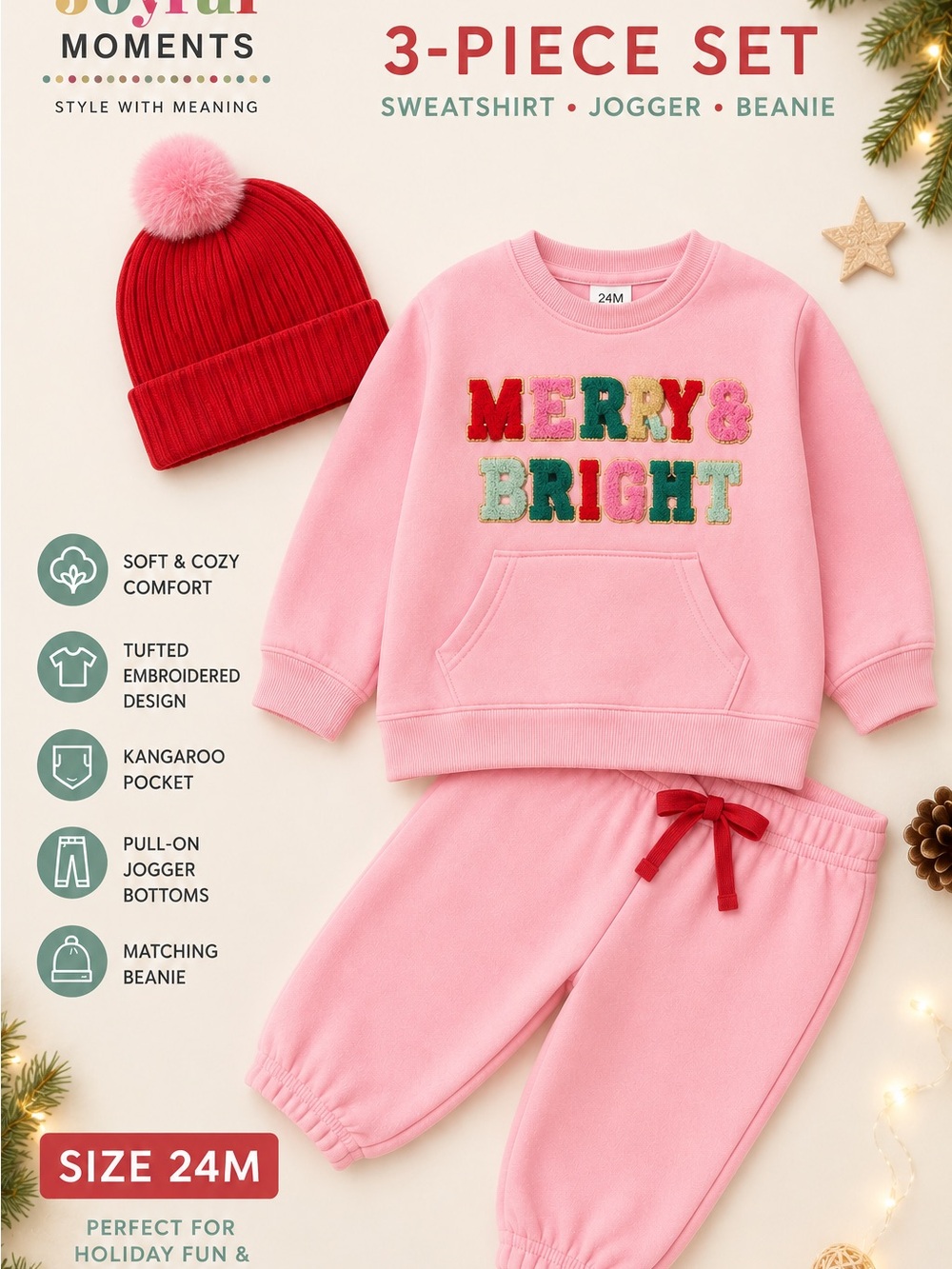 Pink Kids 3-Piece Pajama Set with Red Beanie